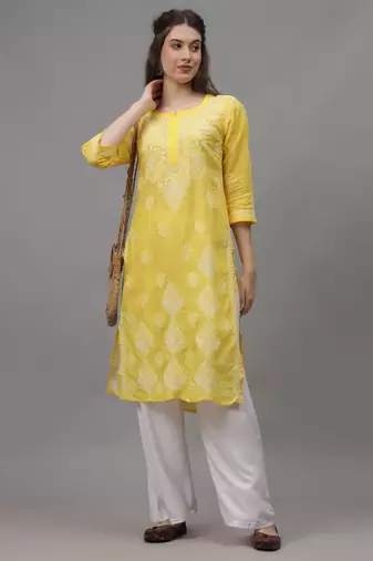 Yellow cotton lucknowi chikankari kurta