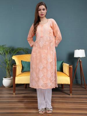 Peach cotton lucknowi chikankari kurta 1