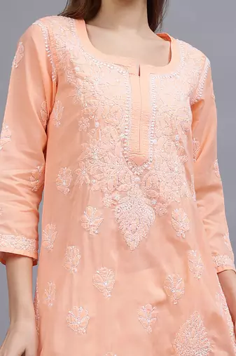 Peach cotton lucknowi chikankari kurta