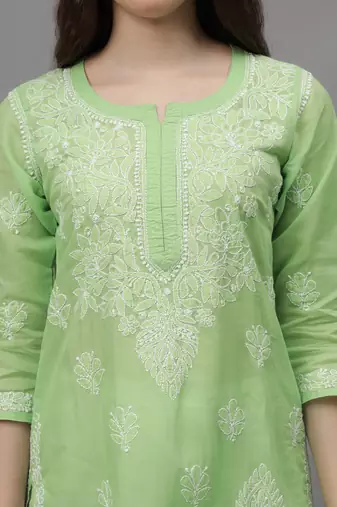 Green cotton lucknowi chikankari kurta