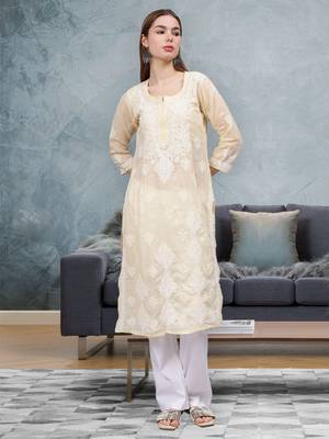 Beige cotton lucknowi chikankari kurta 1