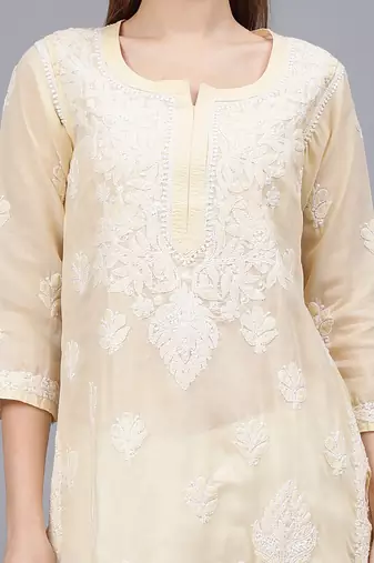 Beige cotton lucknowi chikankari kurta