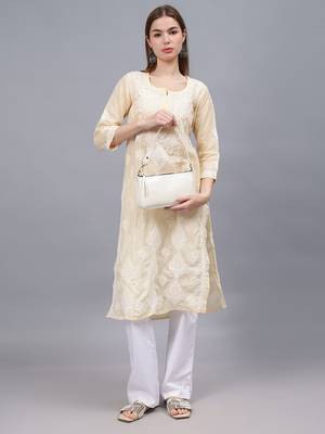 Beige cotton lucknowi chikankari kurta 4