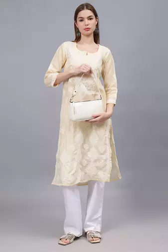 Beige cotton lucknowi chikankari kurta