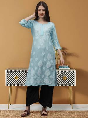 Blue cotton lucknowi chikankari kurta 1