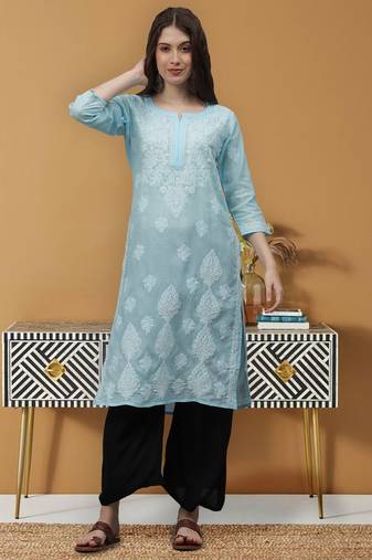 Blue cotton lucknowi chikankari kurta