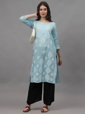 Blue cotton lucknowi chikankari kurta 4