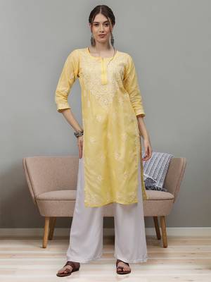 Yellow cotton lucknowi chikankari kurta 1