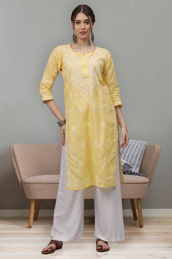 Yellow cotton lucknowi chikankari kurta