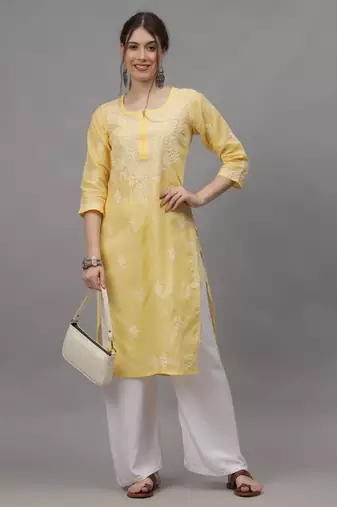 Yellow cotton lucknowi chikankari kurta