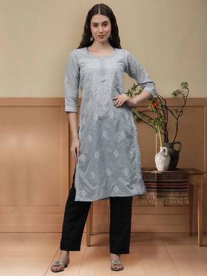 Grey cotton lucknowi chikankari kurta 1