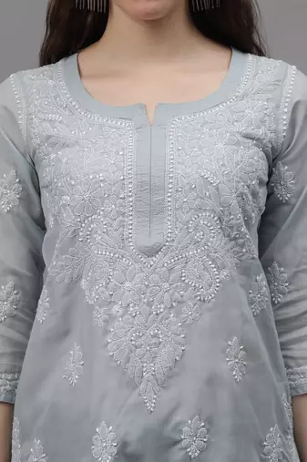 Grey cotton lucknowi chikankari kurta