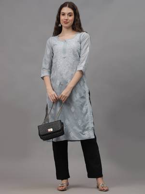 Grey cotton lucknowi chikankari kurta 4