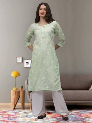 Pista green cotton lucknowi chikankari kurta 1