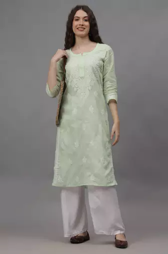 Pista green cotton lucknowi chikankari kurta