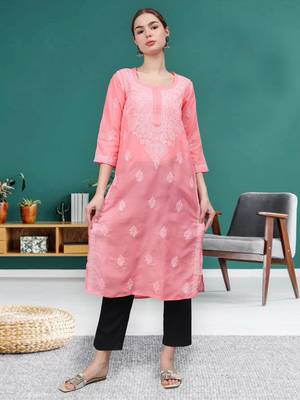 Peach cotton lucknowi chikankari kurta 1