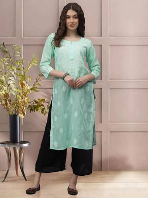 Sea green cotton lucknowi chikankari kurta 1