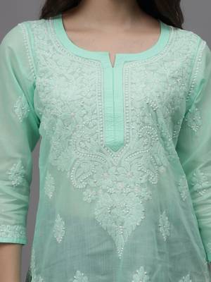 Sea green cotton lucknowi chikankari kurta 3