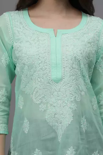 Sea green cotton lucknowi chikankari kurta