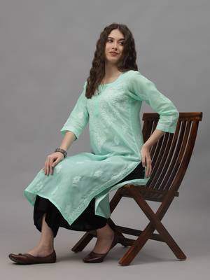 Sea green cotton lucknowi chikankari kurta 4