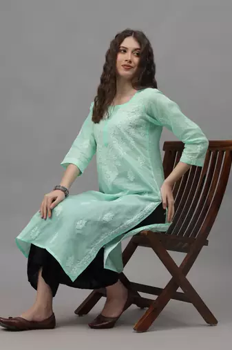 Sea green cotton lucknowi chikankari kurta