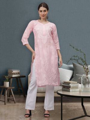 Pink cotton lucknowi chikankari kurta 1
