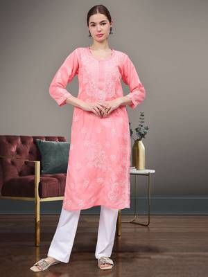 Peach cotton lucknowi chikankari kurta 1