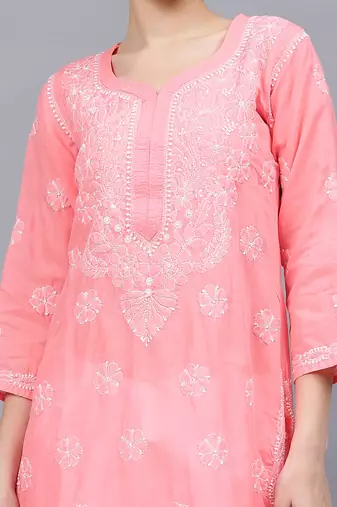 Peach cotton lucknowi chikankari kurta