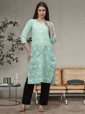 Sea green cotton lucknowi chikankari kurta 1