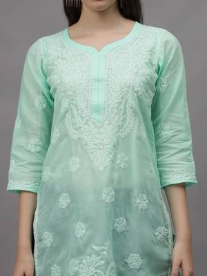 Sea green cotton lucknowi chikankari kurta 3