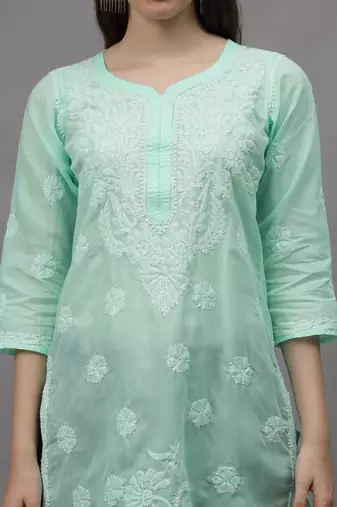 Sea green cotton lucknowi chikankari kurta