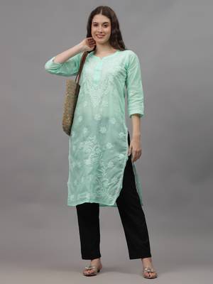 Sea green cotton lucknowi chikankari kurta 4
