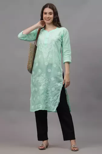 Sea green cotton lucknowi chikankari kurta