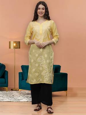 Yellow cotton lucknowi chikankari kurta 1