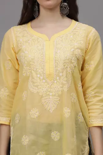Yellow cotton lucknowi chikankari kurta
