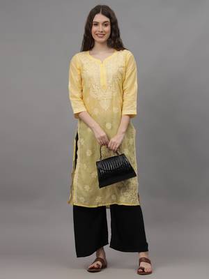 Yellow cotton lucknowi chikankari kurta 4