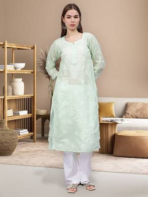 Pista green cotton lucknowi chikankari kurta 1
