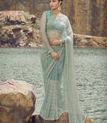 Light Rama Green Beads And Cutdana Work Net Saree With Satin And Net Blouse