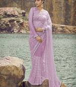 Pastel Purple Beads And Cutdana Work Net Saree With Satin And Net Blouse