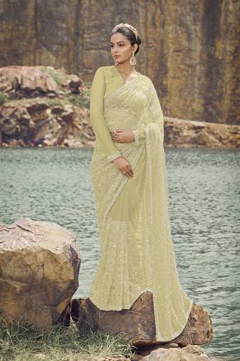 Light Green Beads And Cutdana Work Net Saree With Satin And Net Blouse