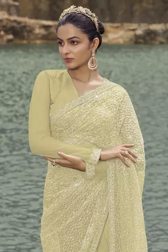 Light Green Beads And Cutdana Work Net Saree With Satin And Net Blouse