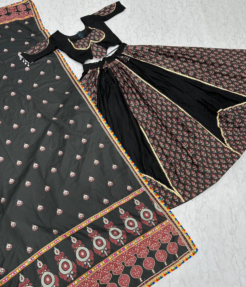 Black And Coffee Colour Pure Cotton Trending Ajrakh print Stitched Lehenga Choli