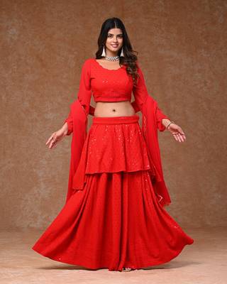Red Rayon Chikankari Layered  Lehenga Set with Georgette Dupatta 1
