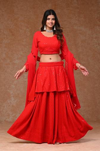 Red Rayon Chikankari Layered  Lehenga Set with Georgette Dupatta