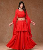 Red Rayon Chikankari Layered  Lehenga Set with Georgette Dupatta