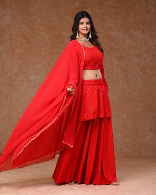 Red Rayon Chikankari Layered  Lehenga Set with Georgette Dupatta 3