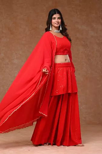 Red Rayon Chikankari Layered  Lehenga Set with Georgette Dupatta