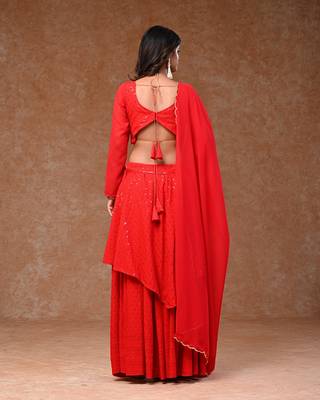Red Rayon Chikankari Layered  Lehenga Set with Georgette Dupatta 4