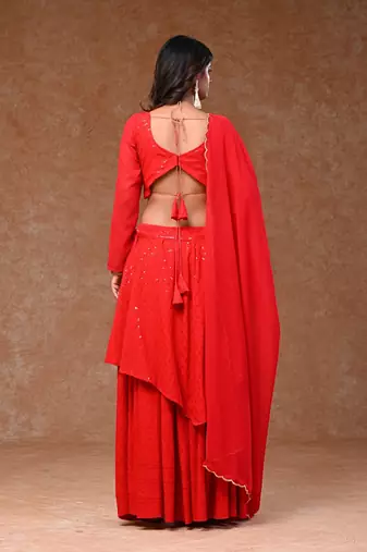Red Rayon Chikankari Layered  Lehenga Set with Georgette Dupatta