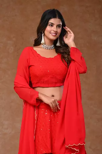 Red Rayon Chikankari Layered  Lehenga Set with Georgette Dupatta